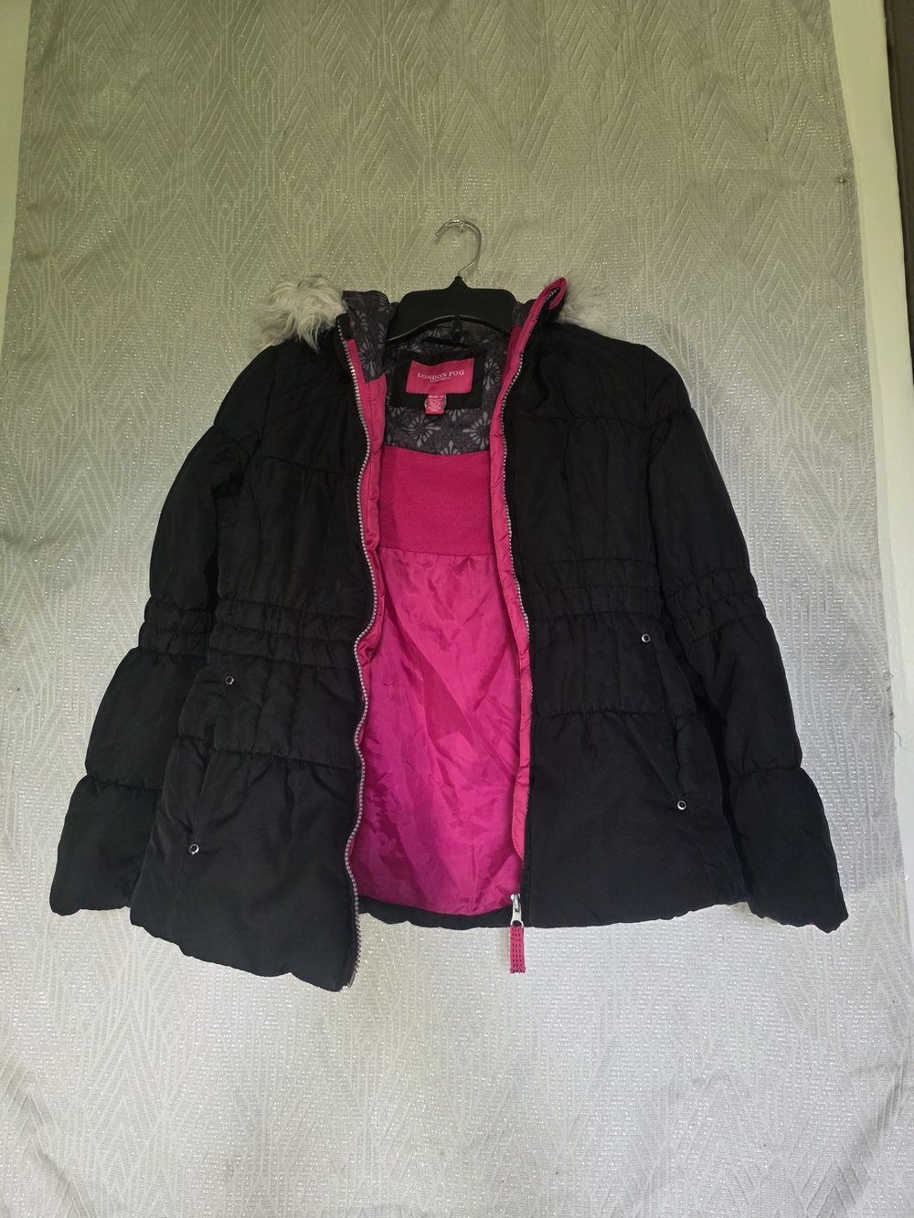 London Fog Black Puffer Jacket with Pink Lining and Faux Fur Hood